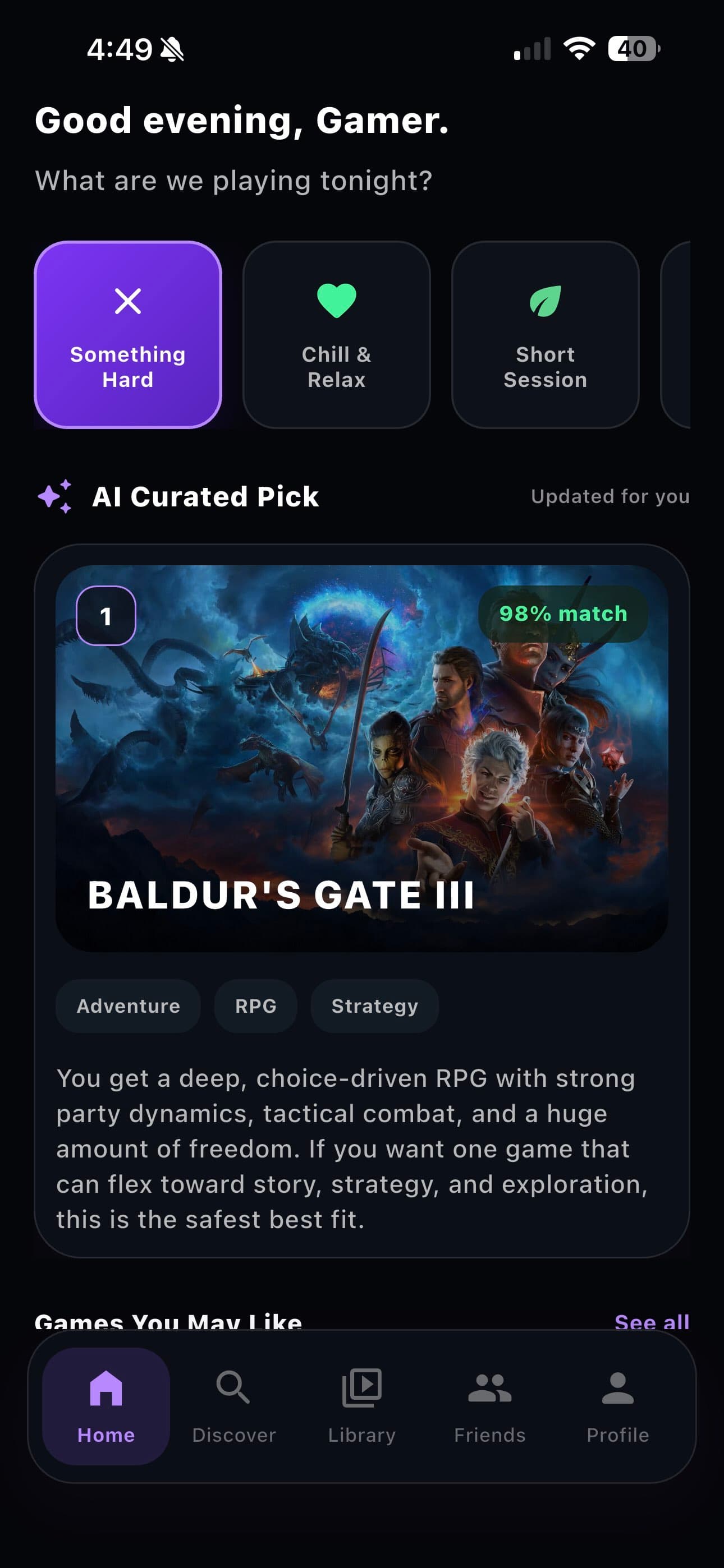 AI curated pick screen