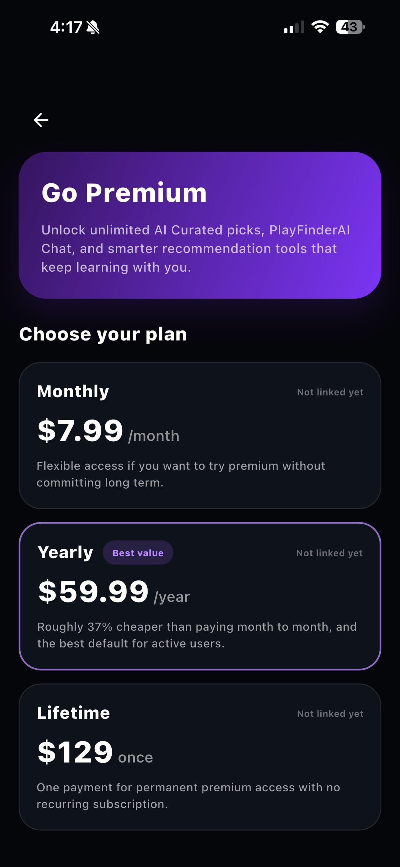 Premium plans screen