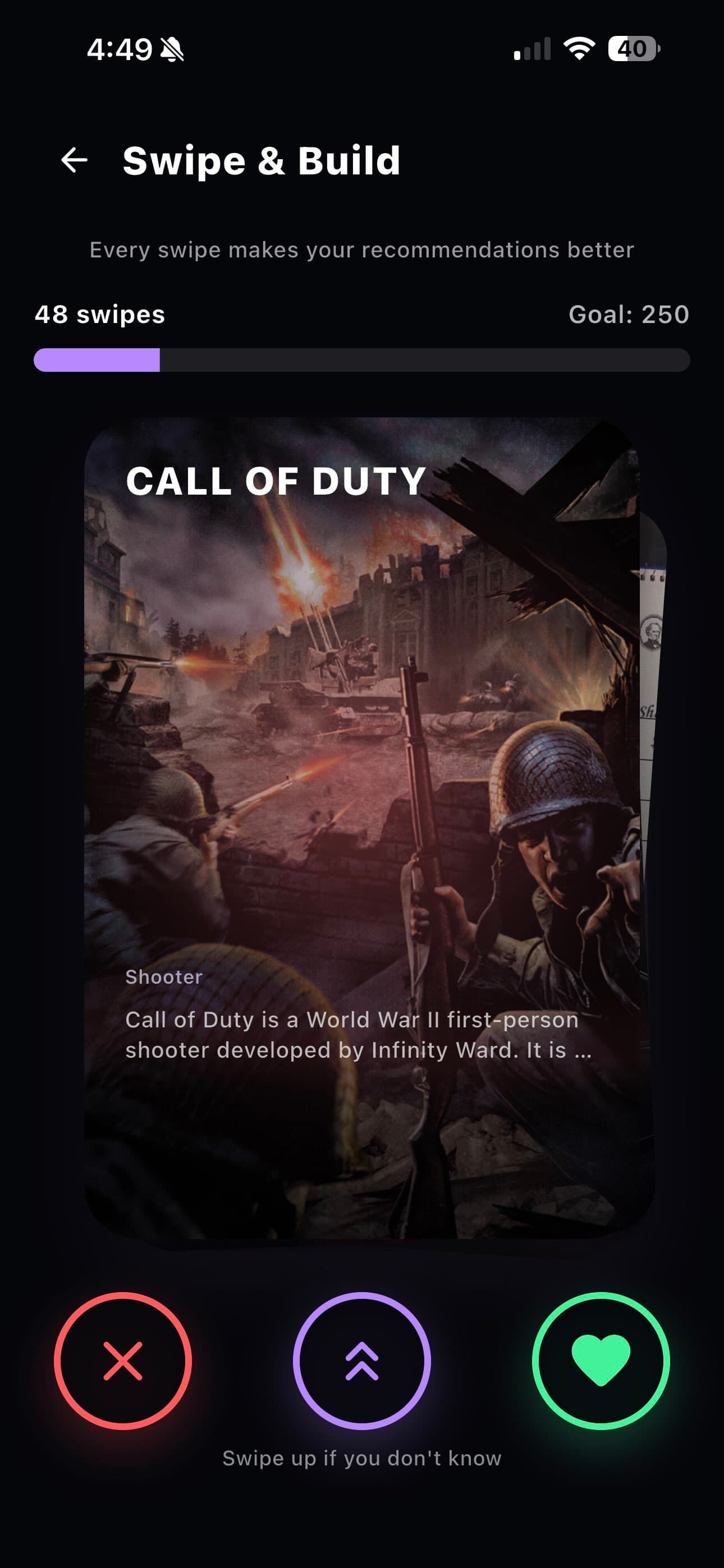 Swipe and build screen